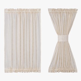 Beige 2 Pcs Sidelight Door Curtains Panel with Pom-Pom Small Linen Texture Semi Sheer French Door Curtain Including Tiebacks for Sliding Glass Door Patio Door Window 25 Inches Wide by 40 Inches Long
