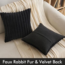 MIULEE Black Throw Pillow Covers 16x16 Inch Set of 2 Soft Pillowcase with Velvet Back Faux Rabbit Fur Cushion Covers Decorative Home Decor for Couch Sofa Bedroom Livingroom