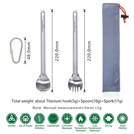 iBasingo Ti1033T Titanium Long Handle Spoon Fork Spork Camping Soup Rice Snack Cutlery with Polished Bowl Ultralight Picnic Uensilien Outdoor Reusable Travel Cookware with Hooks