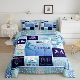 Skating Blue Bedding Set Queen Size Geometric Plaid Comforter Set 3pcs Ice Skating Shoes Cartoon Quilt Set for Kids Teens Boys Girls Room Decor Skater Sports Gaming Duvet Insert,2 Pillowcases