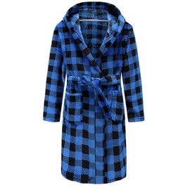 SWMSTUPF Kids Robe Boys Hooded Fleece Sleep Robe Cotton Towel Animal Soft Bathrobe（Blue Black Plaid,7-8Years）