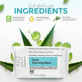 Ar3 Beauty Facial Cleansing Wipes. Pack of 50. Facial Cleansing Wipes for Women | Gentle Makeup Remover.