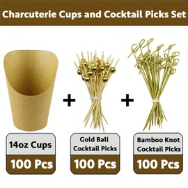 CAMKYDE [100 cups + 200 picks] 100 Pcs Charcuterie Cups with 200 Pcs Cocktail Picks (14oz, Brown)