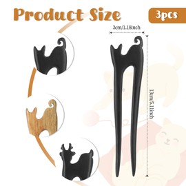 3pcs U Shape Wooden Hair Sticks, Handmade Carved Wood French Hair, U Shape Hair Forks with Cute Cat Design, 2-Prong Vintage Wood Hair Pins for Women Girls Chignon Bun Updo Hairstyle Accessories