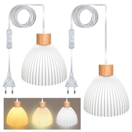 3D Printed Pendant Lamp Kit with Plug, Pack of 2, Lamp Holder E27 with 500 cm Transparent Cable and White 3D Lampshade, Pendant Light with Plug, Socket Lamp Cable with Switch, Modern Style