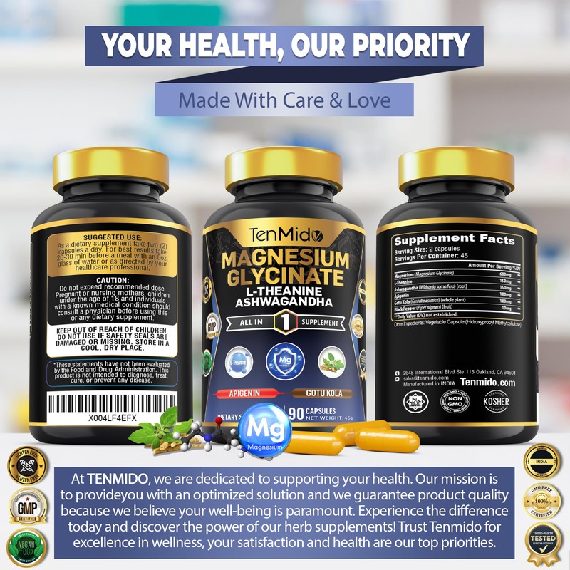 Tenmido Magnesium Glycinate Supplement - 6in1 with Ashwagandha, L-Theanine, Apigenin,
