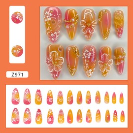 Flower Press on Nails Medium Almond Fake Nails with 3D Pearl Rhinestones Design Hibiscus Floral False Nails Glossy Pink Yellow Gradient Acrylic glue on Nails Full cover Spring stick on Nails for Women
