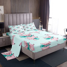 Feelyou Pig Printed Bed Sheet Set Cute Animal Bedding Set Pet Pig Pattern Bed Sheets for Boys Girls Kids Room Decor Lightweight Bed Set Cartoon Pink Pig Twin Size with 1 Pillow Case