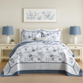 DDUOXIN Botanical Super Oversized King Bedspread - 128" W x120 L Extra Wide 100% Cotton California Quilt, Lightweight Reversible Oversize Bedspreads with 2 Pillow Shams, Blue/White/Pale Blue Gray