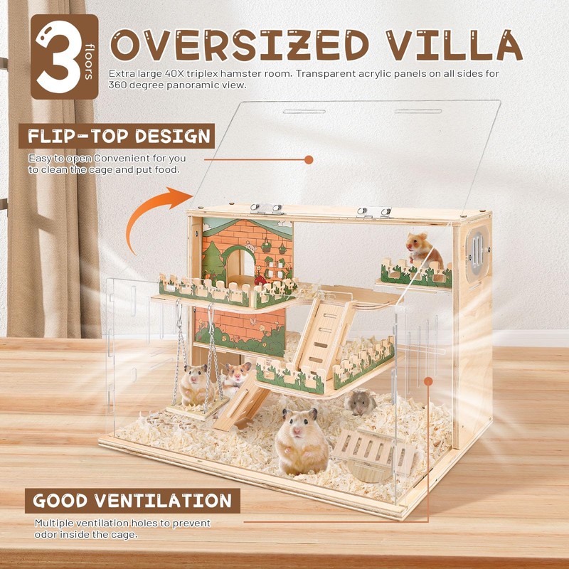 Wooden Hamster Cage Large, 16-Inch 3-Layer Acrylic Hamster Cage, Small