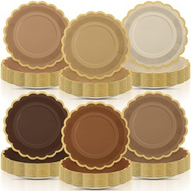 Tiangrid 96 Pcs Brown Paper Plates 9 Inch Gradient Brown Scalloped Paper Disposable Dinner Dessert Plates for Birthday Wedding Bridal Party Supplies, 6 Colors
