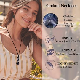Crystal Necklaces for Women Men, Obsidian Round Necklace for Protection, Crystals and Healing Stones Pendant Jewelry for Spiritual(Black obsidian(3 beads))