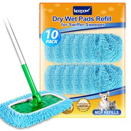 KEEPOW Wet Pads Refill for Swiffer Sweeper Mop - Dry Sweeping Cloths for Floor Mopping and Cleaning - Pet Heavy Duty Pads Refills, Upgraded Reusable (10 Pack)