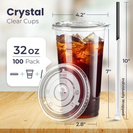 Fit Meal Prep 100 Pack 32 oz Plastic Iced Coffee Cups with Flat Lids and Black Straws, Disposable Clear Cup, BPA Free Lemonade Cup for Party, Smoothie, Cold Drinks, Juice, Milkshake, Bubble Tea