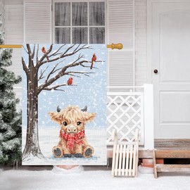 Louise Maelys Welcome Winter House Flag 28x40 Double Sided, Burlap Large Snow Highland Cow Calf Garden Yard House Flags for Winter Outside Outdoor Decoration (ONLY FLAG)