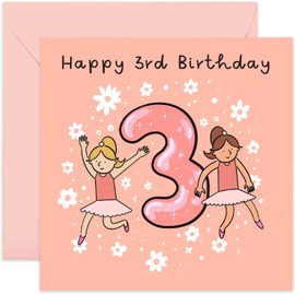 Old English Co. 3rd Birthday Card for Girl with Flower Ballerina - Cute Girls Happy Birthday Cards - Pink Sparkle Third Birthday Card for Her - Age Three Girl Birthday Card | Blank Inside Envelope