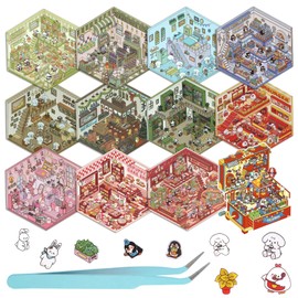 BEAUTIFABLE 3D House Stickers, 12 Sets DIY Sticker Therapy for Adult Fun Cute Cartoon Stickers Scene Make Your Own Mini Room Scenes Miniature Supermarket for Relief Stress Pass The Time