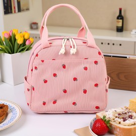 BuyCard Insulated Strawberry Lunch Box Women, Reusable Corduroy Cute Lunch Bag, Leakproof Lunch Tote Bag with Large Capacity, Small Cooler Lunch Container for Work Office Travel (Pink Strawberry)