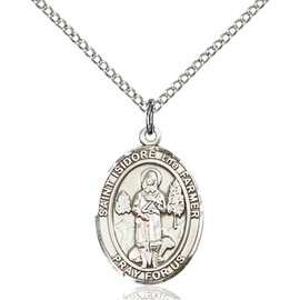 Bonyak Jewelry Saint Medal Collection Sterling Silver St. Isidore The Farmer Pendant 3/4 x 1/2 inches with Sterling Silver Lite Curb Chain