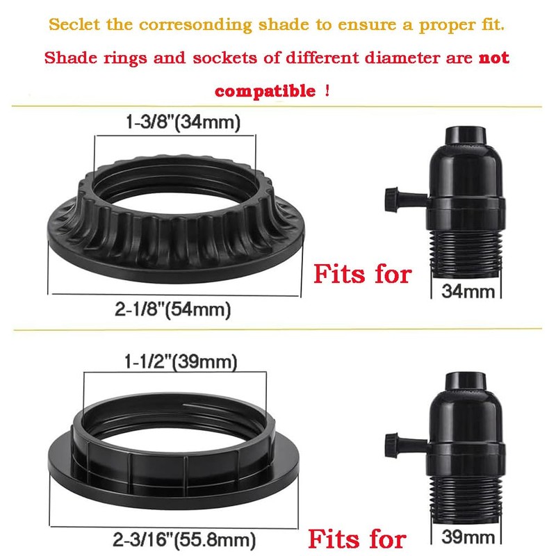 4PCS E26 Light Socket Shade Rings Collar Rings, 2 Assorted