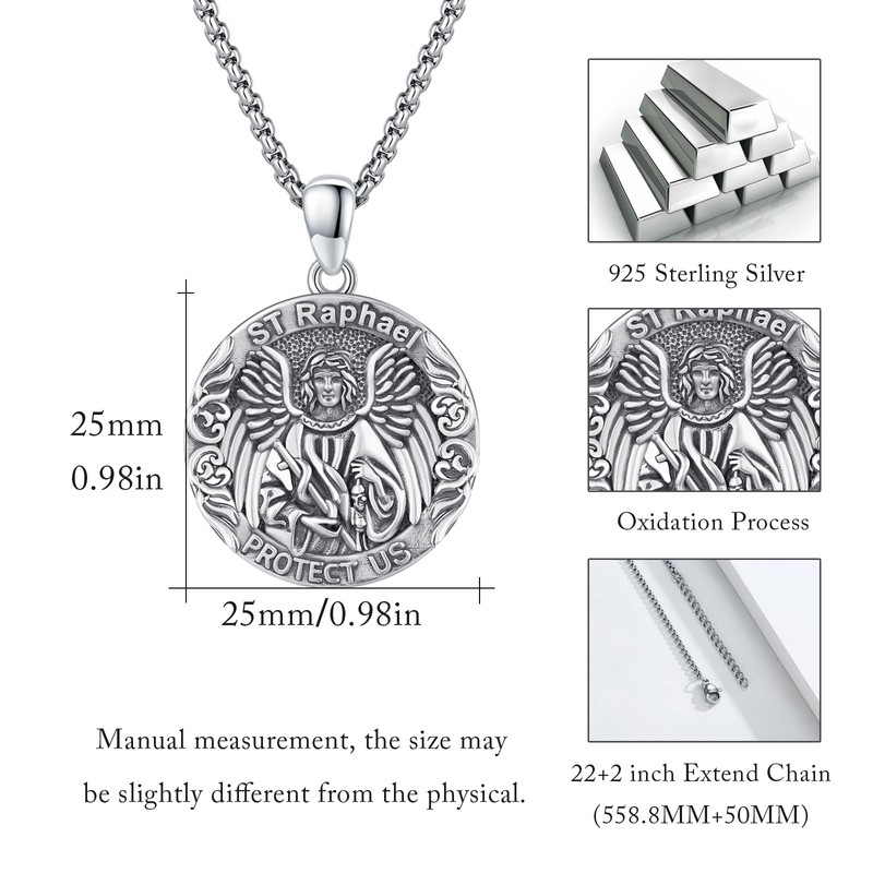 JFASHOP 925 Sterling Silver Saint Raphael Medal Protection Amulet Necklace