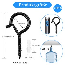 LBJFYHJN 20 Stück Schraubhaken Edelstahl Mit Sicherungsschraube Schwarz Haken zum Schrauben Hakenschrauben für Pflanzenkörben Vogelhäuser Windspiele Lichterketten