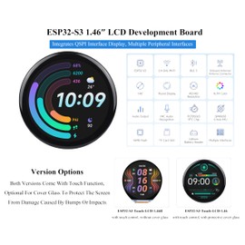 ESP32-S3 1.46inch Round Touch Display Development Board, 412x412 Pixel IPS Display, Accelerometer and Gyroscope Sensor, Onboard Speaker and Microphone, ESP32 with Display, with Protective Cover Glass