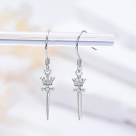 Sword Crown Cross Earrings Sterling Silver Crown Sword Dangle Earrings Sword Jewelry for Women Gifts, Small, Sterling Silver, No Gemstone