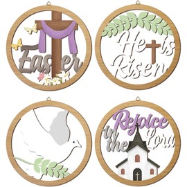 HPNIUB 4 Pcs Easter Wall Decor, He Is Risen Wooden Hanging Sign for Porch, Easter Religious Wood Cross Plaque, Christian Wall Art Jesus Wreath for Home Indoor Outdoor Spring(10''x10'')