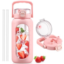 BLUEGO 64oz Glass Water Bottle with Handle and Straw, Motivational Sports Water Bottle with Time Marker and Silicone Sleeve Leakproof Drinking Bottle for Travel Gym Workout, Pink