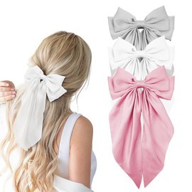 3Pcs Hair Bows for Women Pink Gray White Silky Satin Bow for Hair Coquette Bows Hair Clip Long Tail Hair Ribbons Hair Accessories Gifts