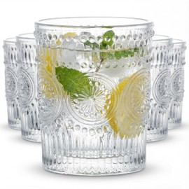 Kingrol 6 Pack SMALL 9 oz Drinking Glasses, Vintage Embossed Tumblers for Juice, Cocktails, Iced Tea