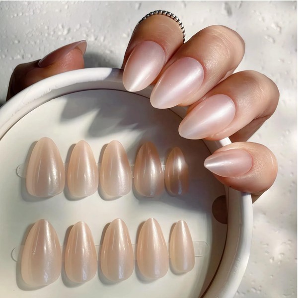 30PCS Short Almond Press-On Nails – Nude Shell Gloss Fake