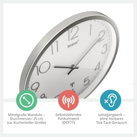 Mebus TinyTime Radio-Controlled Wall Clock without Ticking Noises Diameter 25 cm Modern Dial in White Silver Case