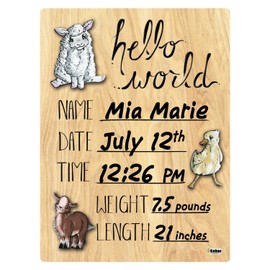 Cohas Hello World Newborn Baby Announcement Printed Wood Sign with Barnyard Animal Theme, 5 by 7 Inches, No Marker