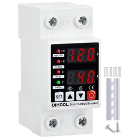 DIHOOL Adjustable Voltage Protector 110V 220V, Low/High Voltage Cutoff and Overcurrent Protection, 70-200V Undervoltage, 140-300V Overvoltage, 1-63A Smart Circuit Breaker AC Disconnect, DIN Rail Mount