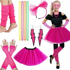 Ymoryiyi 80s 90s Outfit Women's Neon Costume Set with Tutu, Mesh Gloves, Headband, Earrings & Leg Warmers - Pink 80s Party Costume for Carnival, Fancy Dress & Cosplay