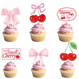Aposwow Cherry Themed Party Decorations - 36Pcs Cherry on Baby Shower Top Cupcake Toppers Decorations She's the Top Cupcake Picks Decor for Women Girls