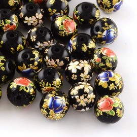 PH PandaHall 20Pcs 12mm Flower Pattern Glass Round Beads Colored Drawing Flower Picture Beads Black Mixed Model Spacer Beads for DIY Jewelry Making