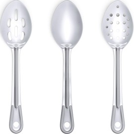 Super Strong, Ergonomic 11 in Serving Spoon 6 Pk (2 of Each Style). Big, Stainless Steel Spoons for Cooking, Baking, Stirring and Basting. Best Kitchen Flatware for Buffet and Banquet Food Service