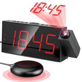Mesqool Projection Alarm Clock, Loud Vibrating Alarm Clock for Heavy Sleepers, Adjustable Projection Brightness,Hearing Impaired & Deaf People, Digital Alarm Clock with USB Charging Port