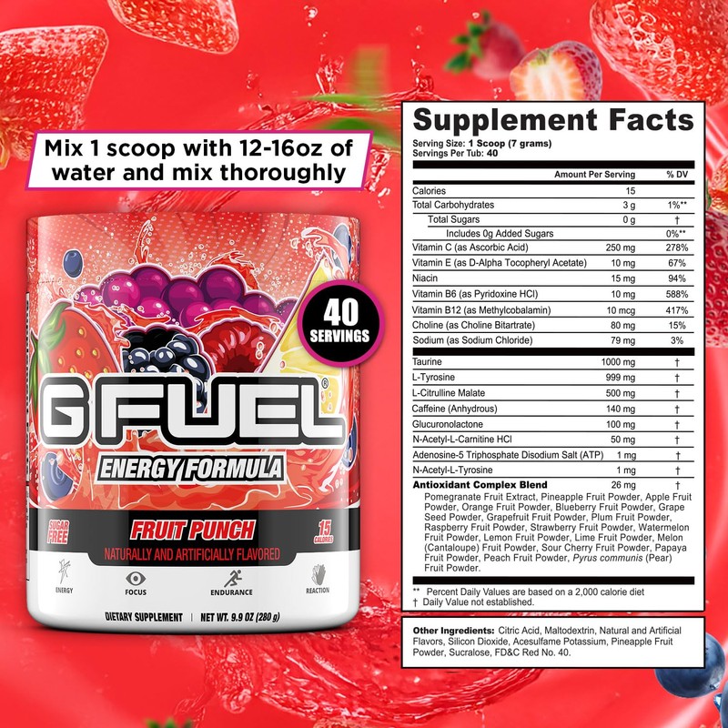 G Fuel Fruit Punch Energy Drink Powder, Pre Workout Caffeine