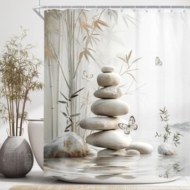 Zen Bamboo Gray Butterfly Stone Spa Pastel Bathroom Shower Curtain Set