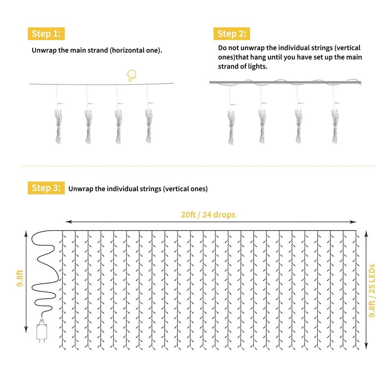 Brightown 600LED Warm White Curtain String Lights 8 Modes Remote