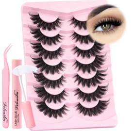 Veleasha Lashes Cat Eye Lash Kit Fluffy False Eyelashes with Lash Glue and Tweezer Volume Faux Mink Eyelashes Soft Fake Lashes Look Like Extensions 7 Pairs Pack （PL008）