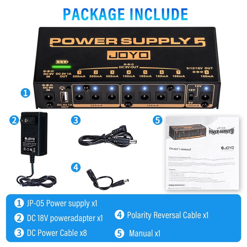 JOYO Guitar Pedal Power Supply Rechargeable with 8 Isolated Outputs