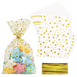 LEOSINDA Cello Cellophane Treat Bags Gold Star Printed 5 X 7 Inches 100 Pcs Clear Cellophane Cookie Bags,with Twist Ties for Gift Wrapping,Packaging Candy,Birthday,Bakery, Wedding,Party Favor