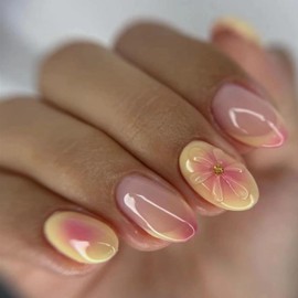 24Pcs Summer Almond Press On Nails Short French Yellow Fake Nails With Flower Gold Design Glue On Nails Pink Glossy False Nails Full Cover Stick On Nails For Women Nail Supplies