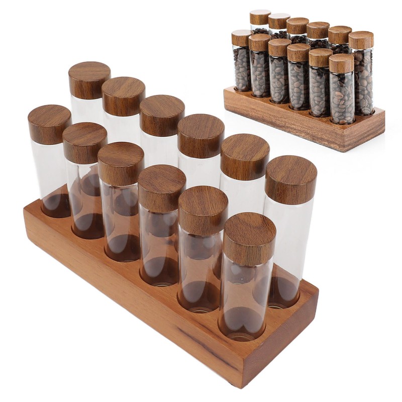 Coffee Bean Storage Tubes with Walnut Wood Stand Lid Glass