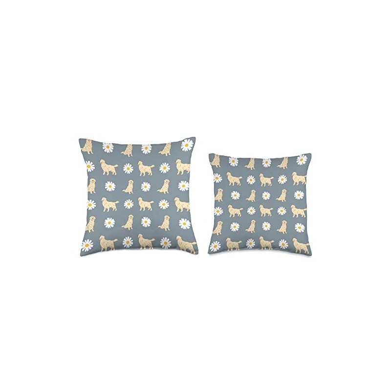 Golden Retriever and Daisy Flower Pattern Dusty Blue Throw Pillow